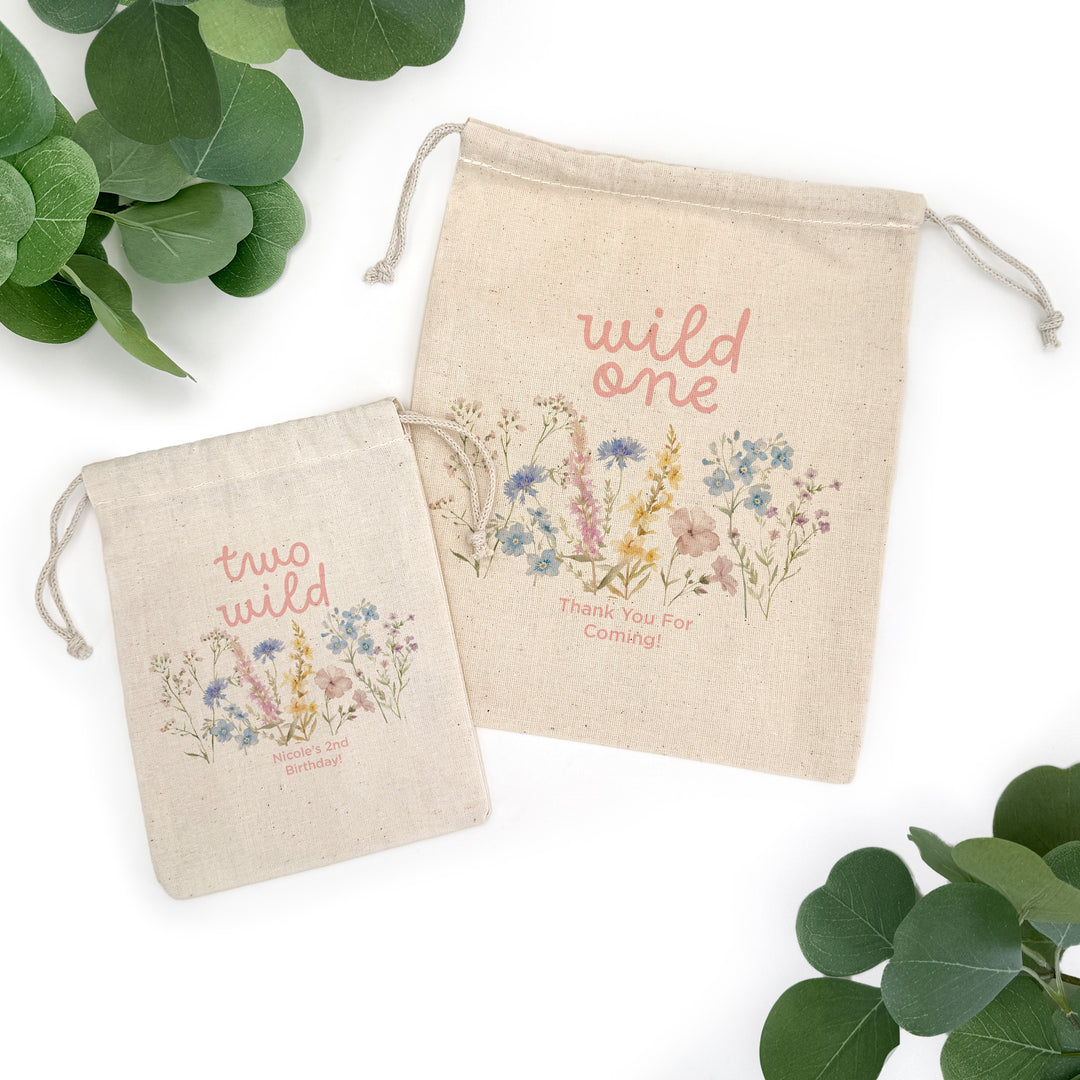 Wildflower Birthday, Wild One, Birthday Drawstring Bags