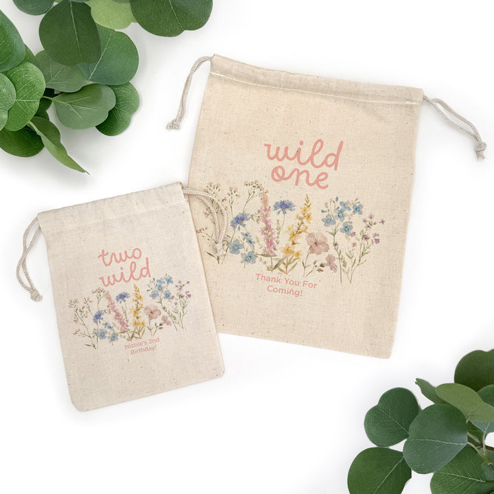 Wildflower Birthday, Wild One, Birthday Drawstring Bags