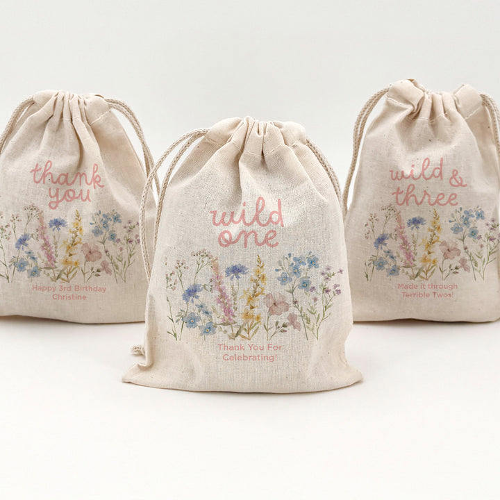 Wildflower Birthday, Wild One, Birthday Drawstring Bags