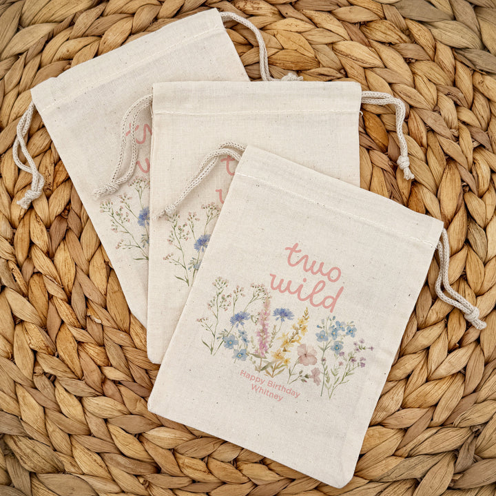 Wildflower Birthday, Wild One, Birthday Drawstring Bags