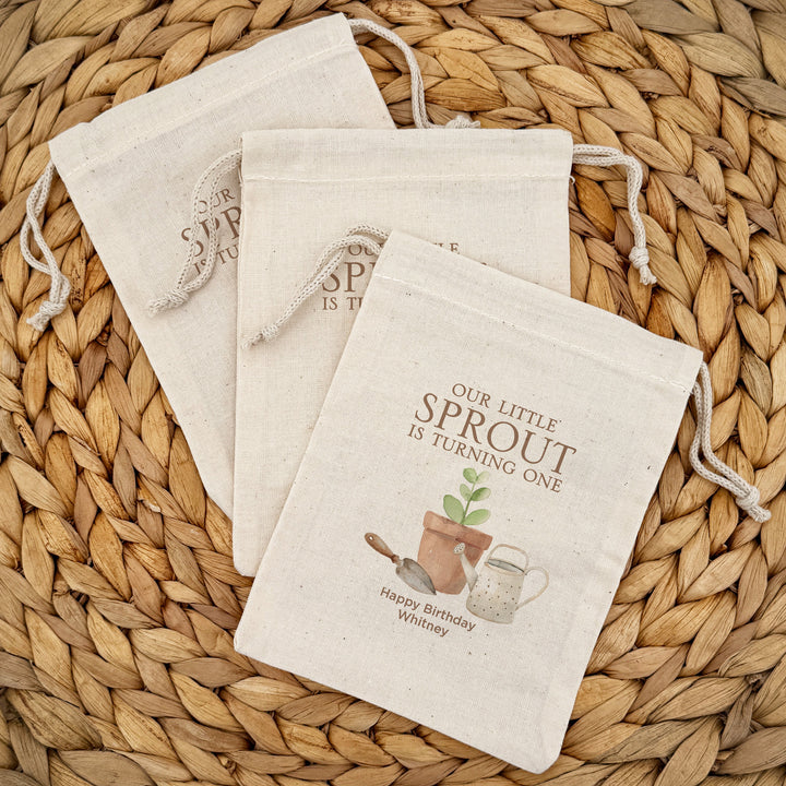 Little Sprout Birthday, Our Little Sprout is Turning One, Birthday Drawstring Bags