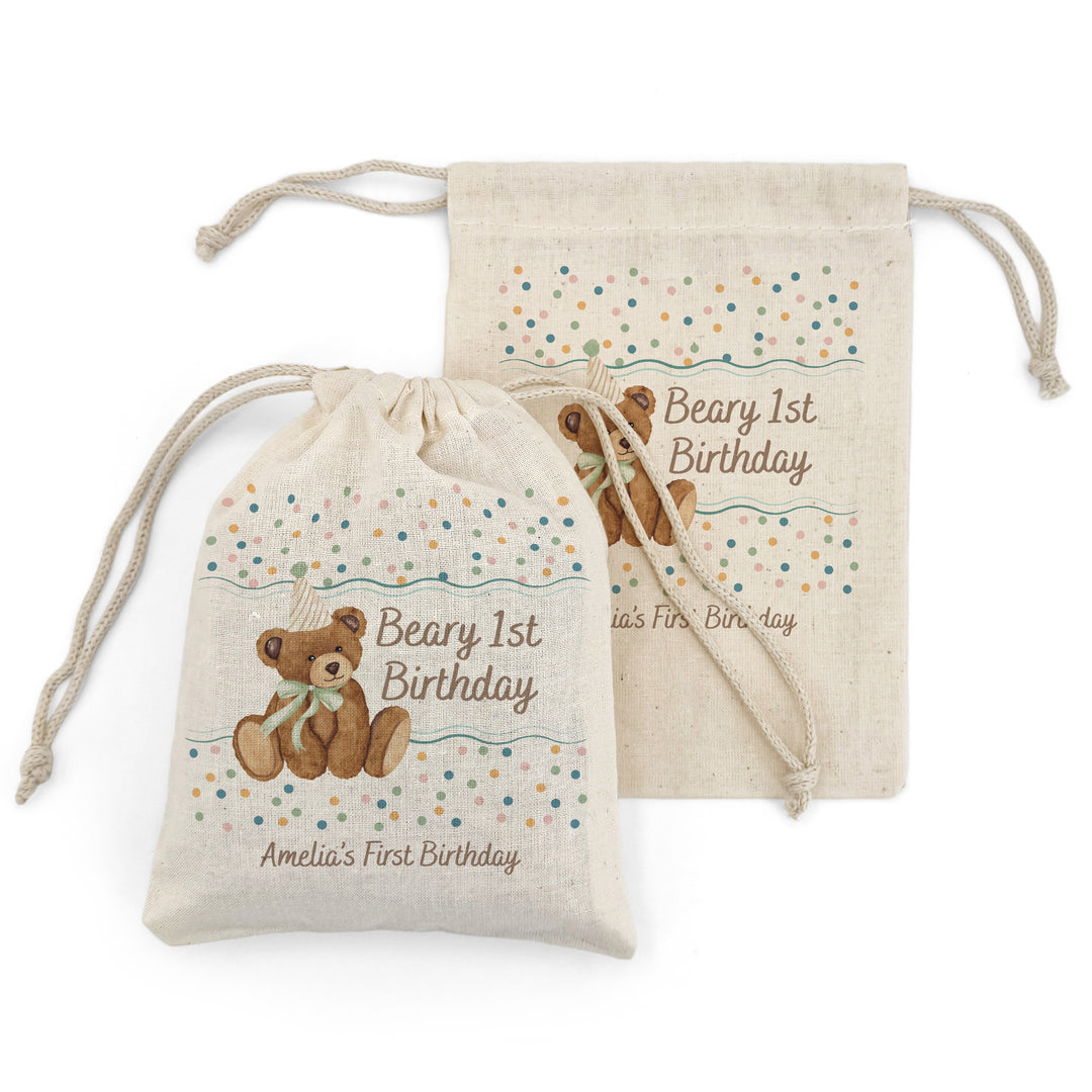 Bear Birthday, Beary 1st Birthday, Two Cute to Bear, Birthday Drawstring Bags