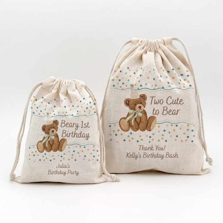 Bear Birthday, Beary 1st Birthday, Two Cute to Bear, Birthday Drawstring Bags