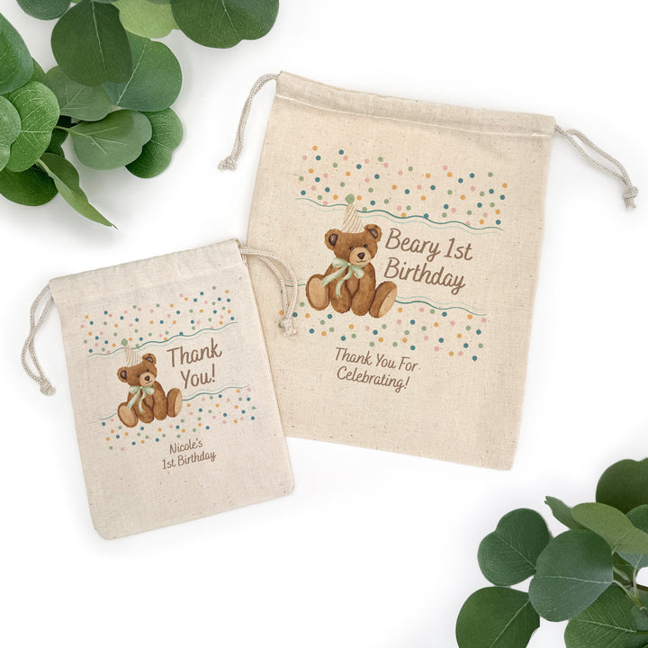Bear Birthday, Beary 1st Birthday, Two Cute to Bear, Birthday Drawstring Bags