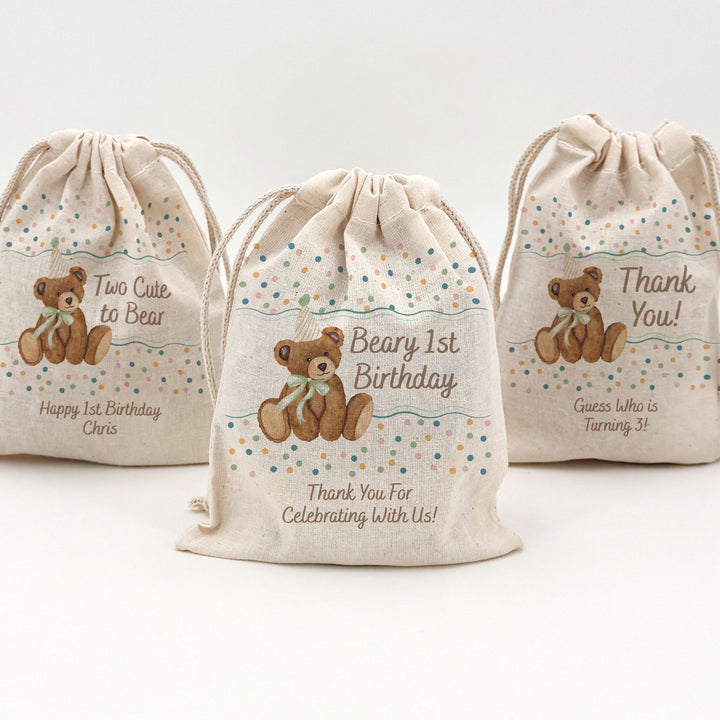 Bear Birthday, Beary 1st Birthday, Two Cute to Bear, Birthday Drawstring Bags