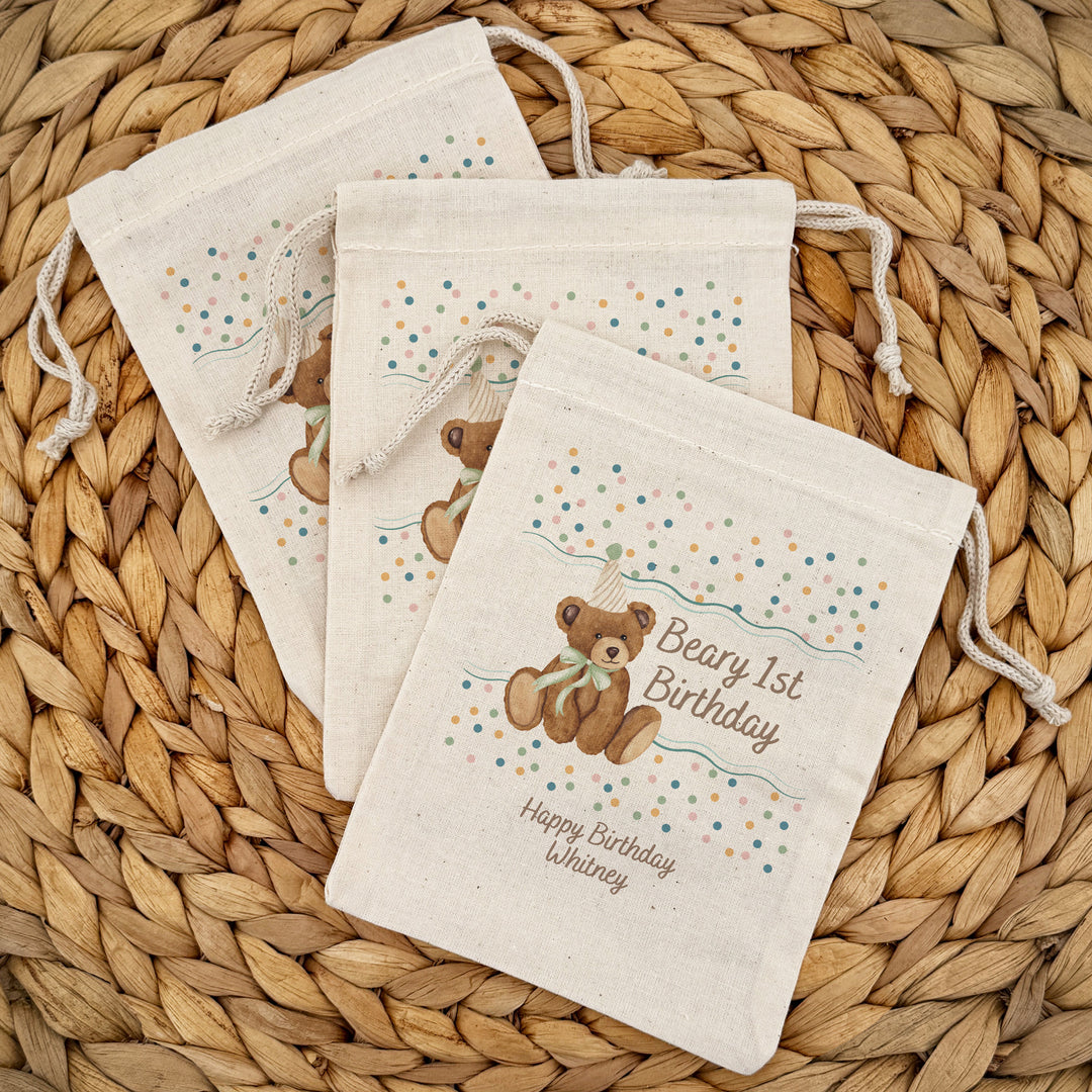 Bear Birthday, Beary 1st Birthday, Two Cute to Bear, Birthday Drawstring Bags