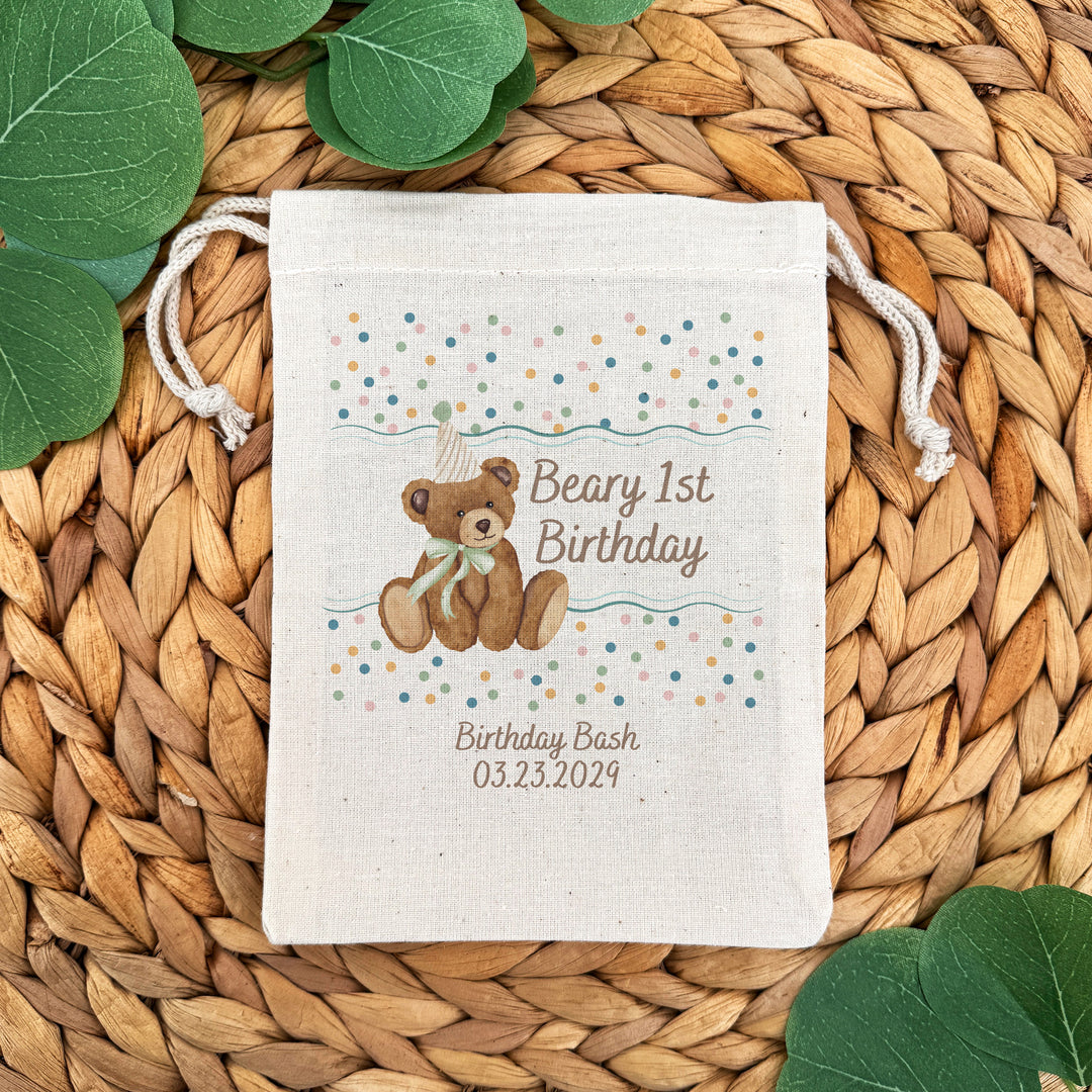 Bear Birthday, Beary 1st Birthday, Two Cute to Bear, Birthday Drawstring Bags