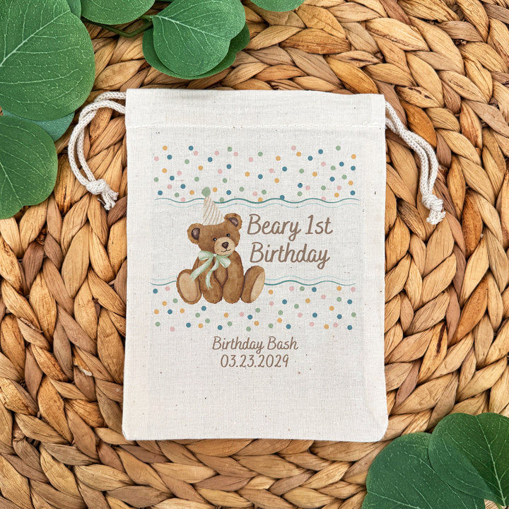 Bear Birthday, Beary 1st Birthday, Two Cute to Bear, Birthday Drawstring Bags