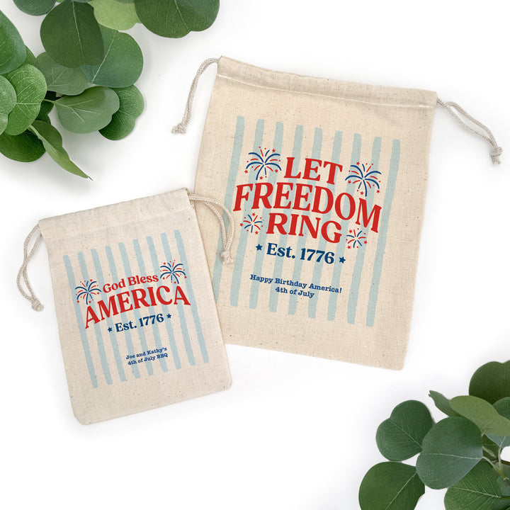 Patriotic Striped Cotton Drawstring Bags, God Bless America, Land of the Free, We the People, Drawstring Bags