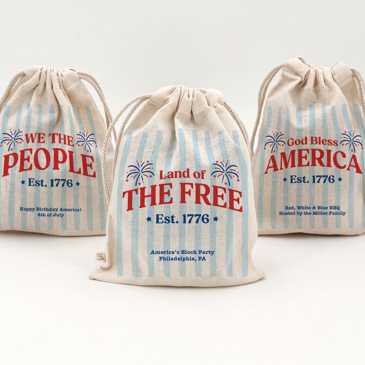 Patriotic Striped Cotton Drawstring Bags, God Bless America, Land of the Free, We the People, Drawstring Bags
