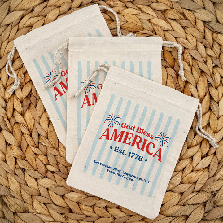 Patriotic Striped Cotton Drawstring Bags, God Bless America, Land of the Free, We the People, Drawstring Bags