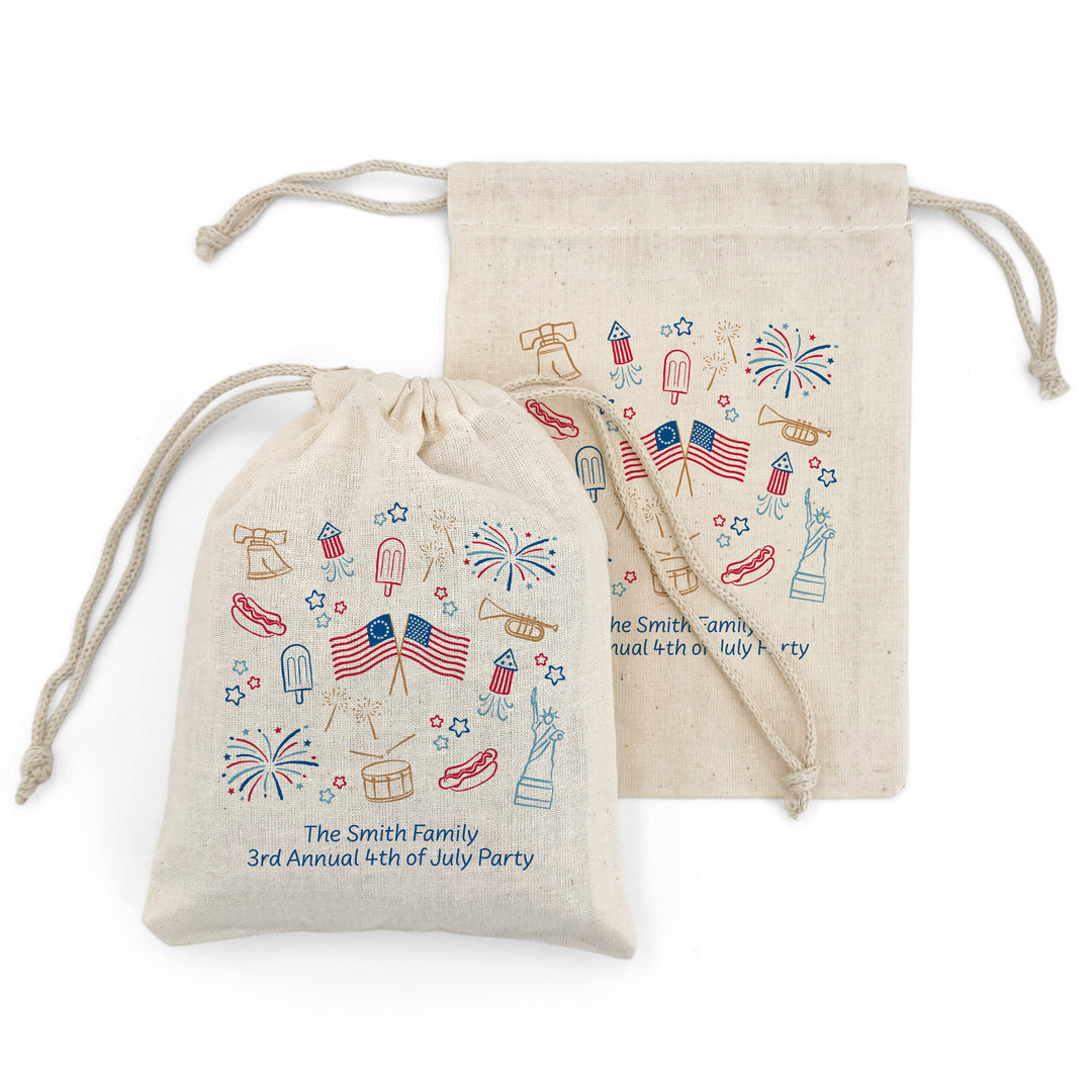 America 250 Favor Bags, Hand Drawn 4th of July Doodles, Drawstring Bags