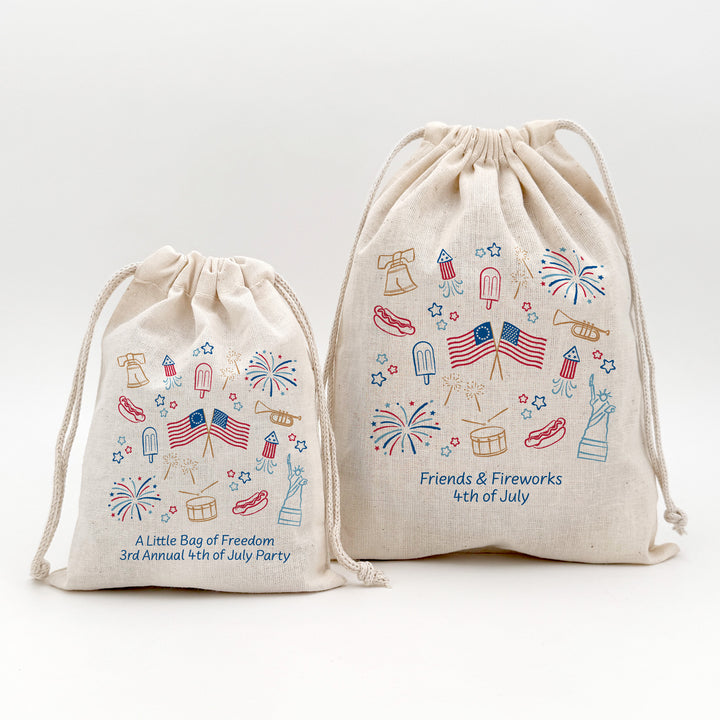 America 250 Favor Bags, Hand Drawn 4th of July Doodles, Drawstring Bags