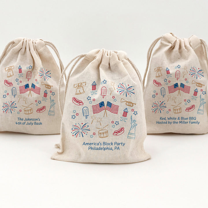 America 250 Favor Bags, Hand Drawn 4th of July Doodles, Drawstring Bags