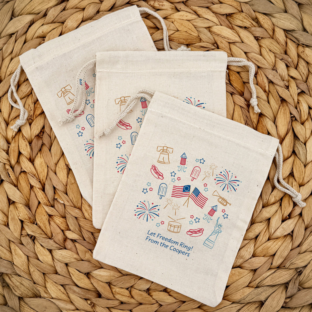 America 250 Favor Bags, Hand Drawn 4th of July Doodles, Drawstring Bags