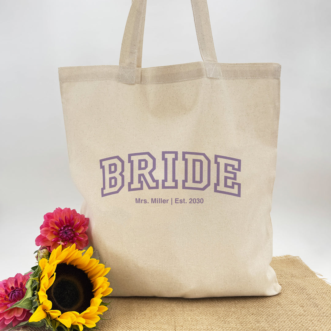 Collegiate Bride Tote, Wifey, The Mrs, Tote Bags