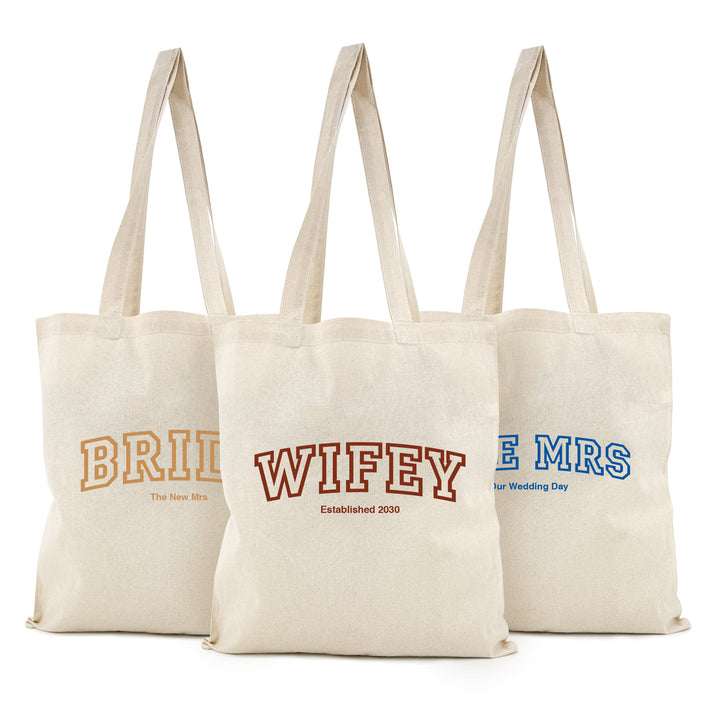 Collegiate Bride Tote, Wifey, The Mrs, Tote Bags