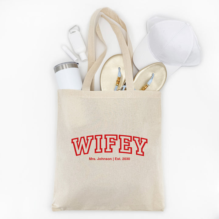 Collegiate Bride Tote, Wifey, The Mrs, Tote Bags