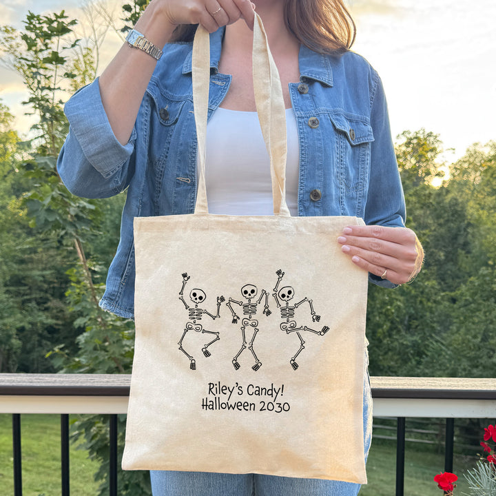 Custom Tote Bags, Custom Trick or Treat Bags, Halloween Candy Totes, Dancing Skeleton Tote Bags