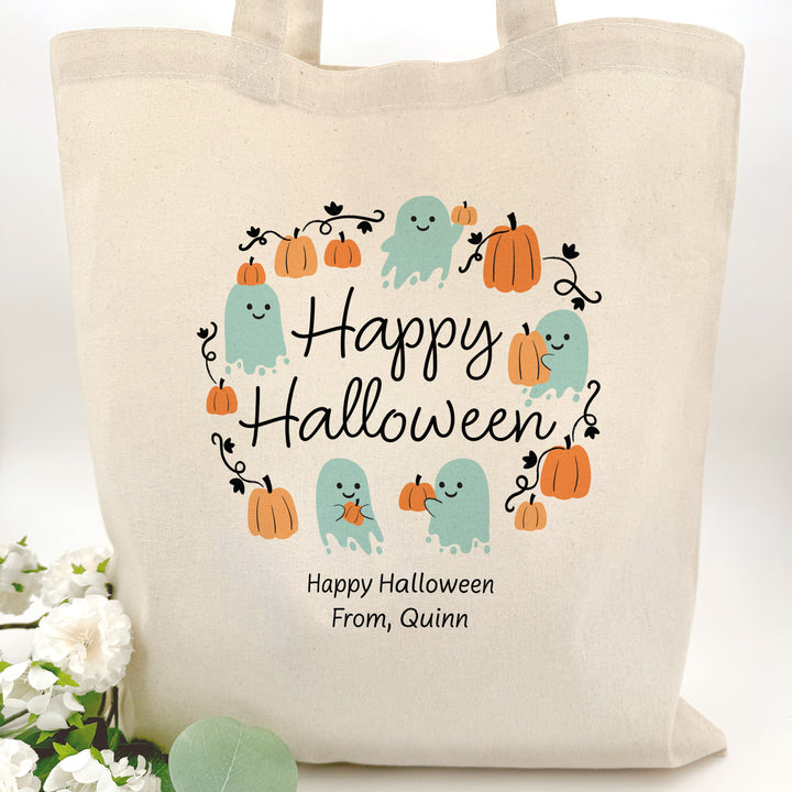 Custom Tote Bags, Custom Trick or Treat Bags, Halloween Candy Totes, Pumpkin Patch Ghosts Tote Bags