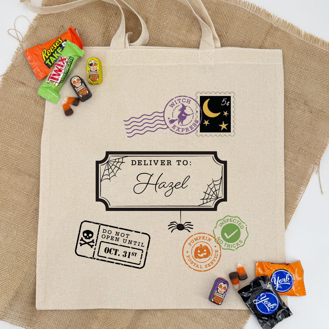 Custom Tote Bags, Custom Trick or Treat Bags, Halloween Candy Totes, Halloween Postage Tote Bags