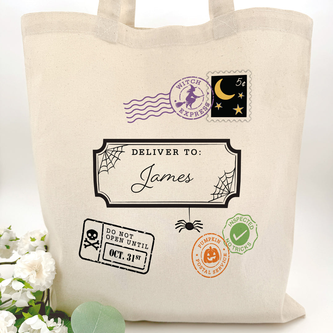Custom Tote Bags, Custom Trick or Treat Bags, Halloween Candy Totes, Halloween Postage Tote Bags