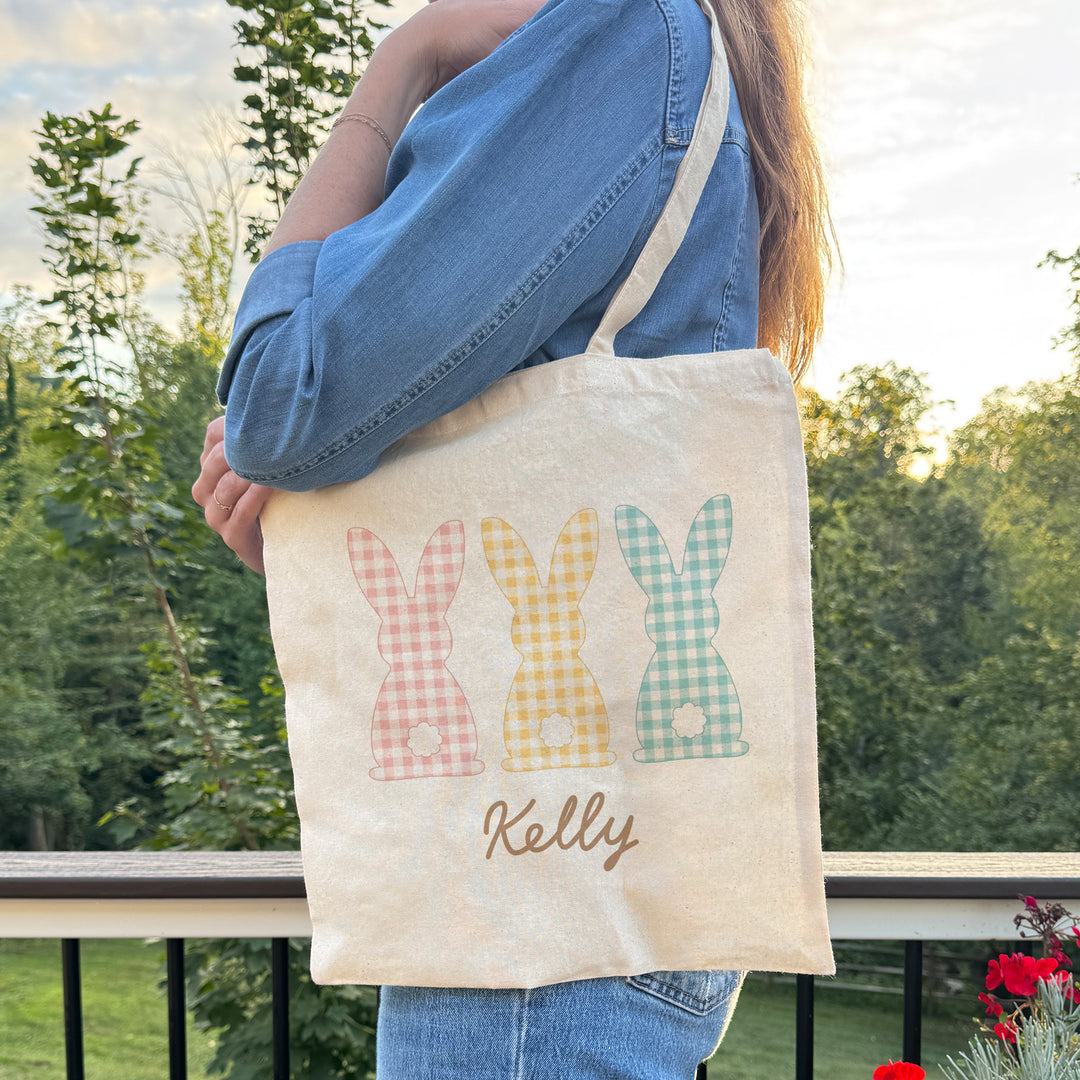 Gingham Bunnies Easter Tote for Kids, Custom Easter Egg Hunt Bags