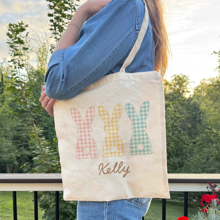 Gingham Bunnies Easter Tote for Kids, Custom Easter Egg Hunt Bags