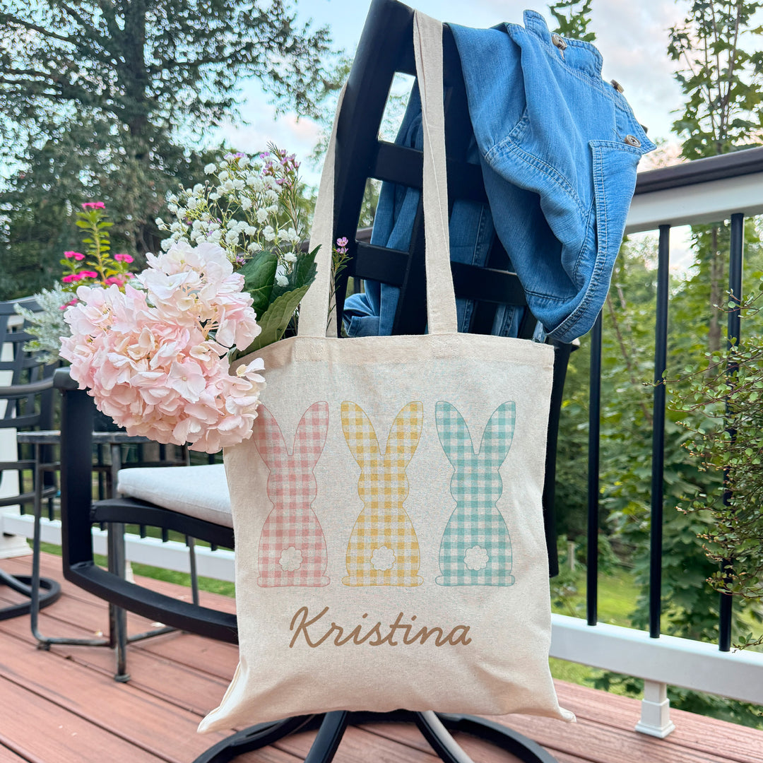 Gingham Bunnies Easter Tote for Kids, Custom Easter Egg Hunt Bags