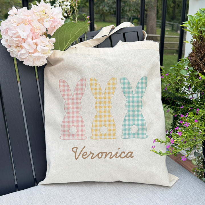 Gingham Bunnies Easter Tote for Kids, Custom Easter Egg Hunt Bags