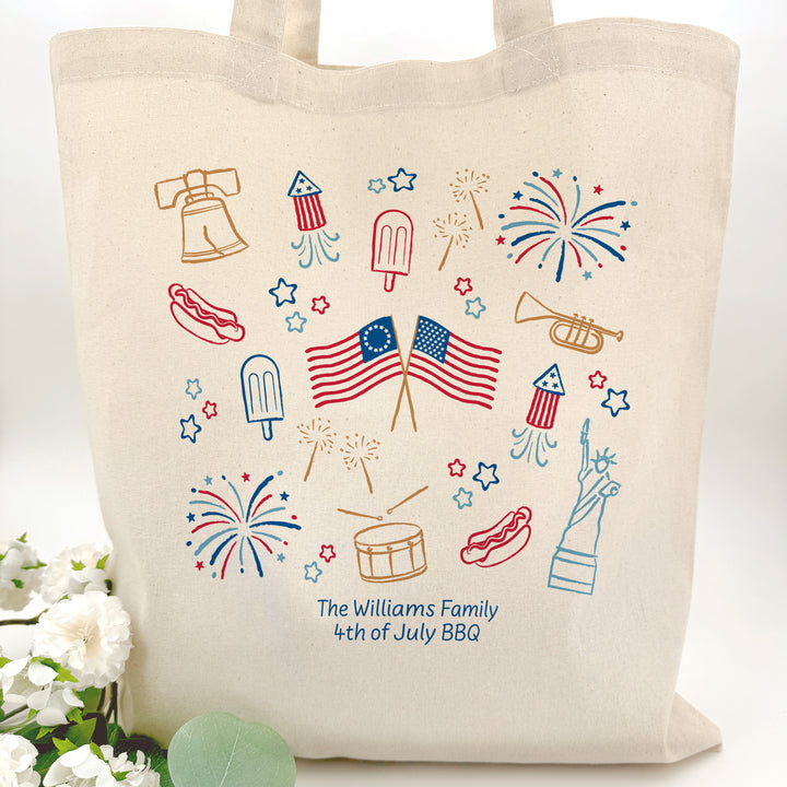 Hand Drawn 4th of July Doodle Cotton Tote Bag, America 250, Tote Bags