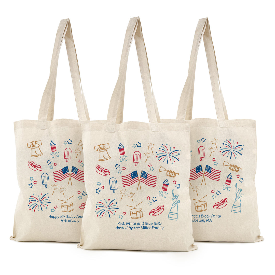 Hand Drawn 4th of July Doodle Cotton Tote Bag, America 250, Tote Bags