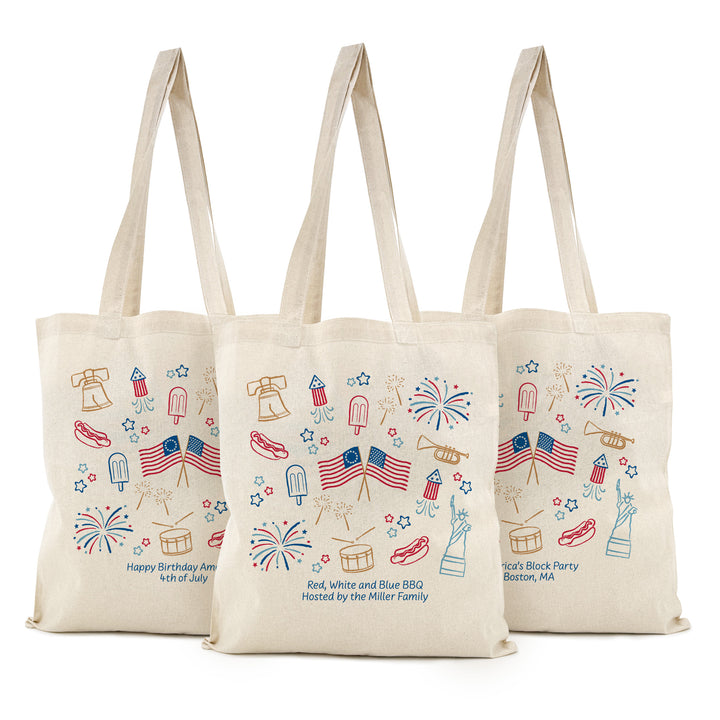 Hand Drawn 4th of July Doodle Cotton Tote Bag, America 250, Tote Bags