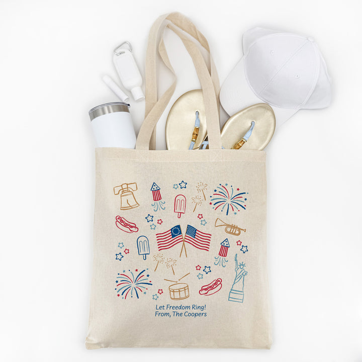 Hand Drawn 4th of July Doodle Cotton Tote Bag, America 250, Tote Bags
