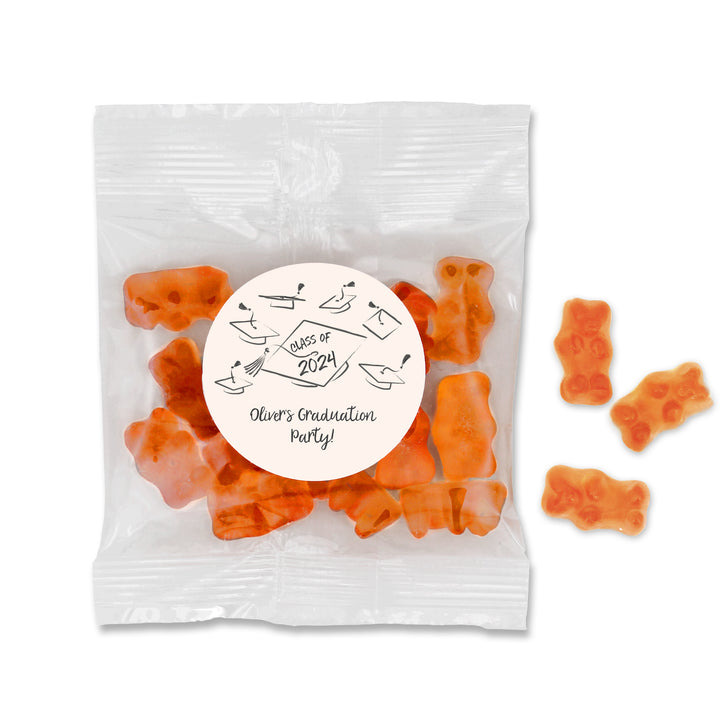 Champagne Gummy Bears Graduation Favors, Hand Drawn Cap Mortarboard Sketch