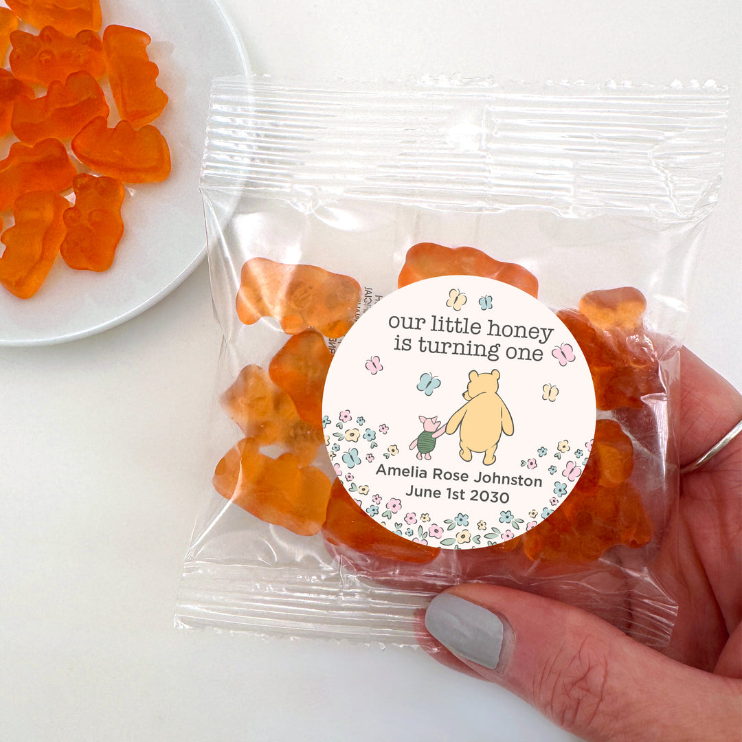 Gummy Bear Party Favors, Our Little Honey is Turning One, Pooh & Piglet Birthday Gummies, Champagne Flavored Gummy Bears