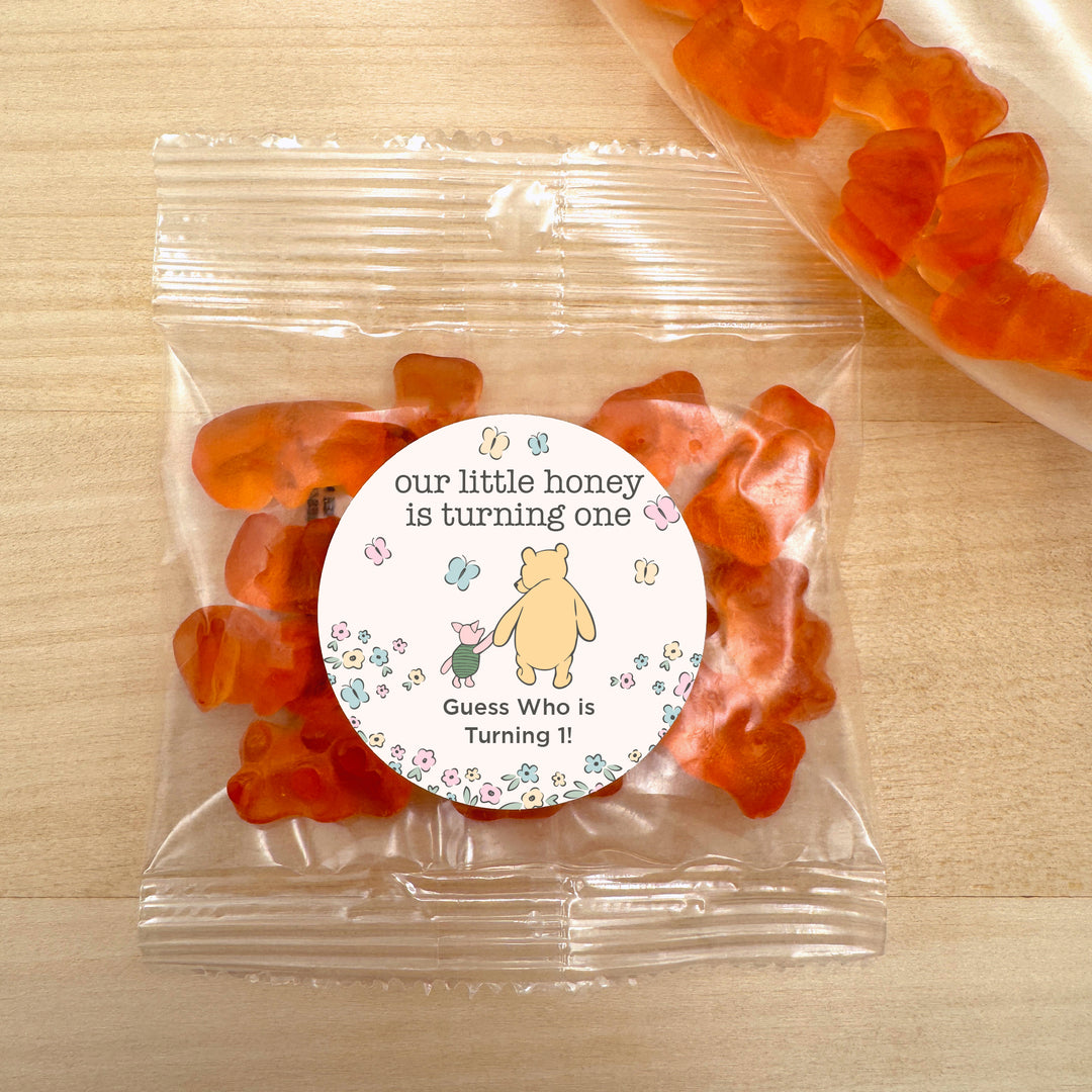 Gummy Bear Party Favors, Our Little Honey is Turning One, Pooh & Piglet Birthday Gummies, Champagne Flavored Gummy Bears