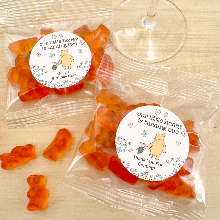 Gummy Bear Party Favors, Our Little Honey is Turning One, Pooh & Piglet Birthday Gummies, Champagne Flavored Gummy Bears