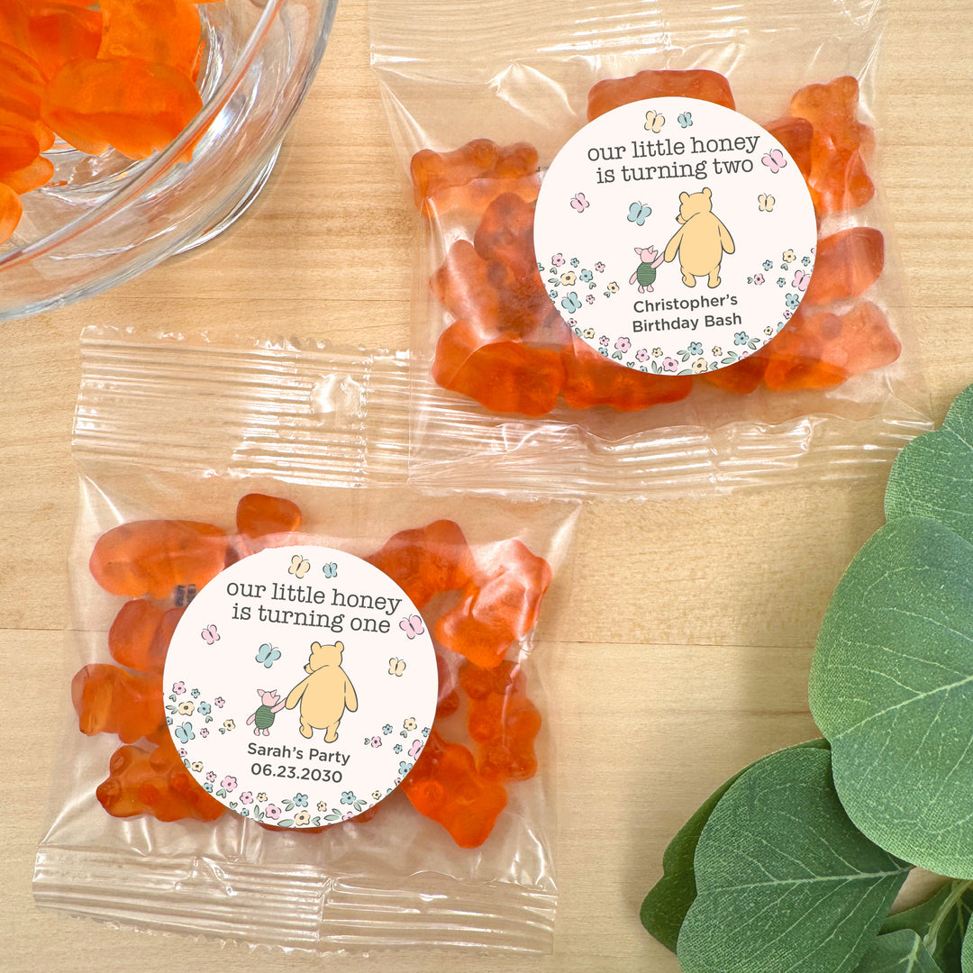 Gummy Bear Party Favors, Our Little Honey is Turning One, Pooh & Piglet Birthday Gummies, Champagne Flavored Gummy Bears