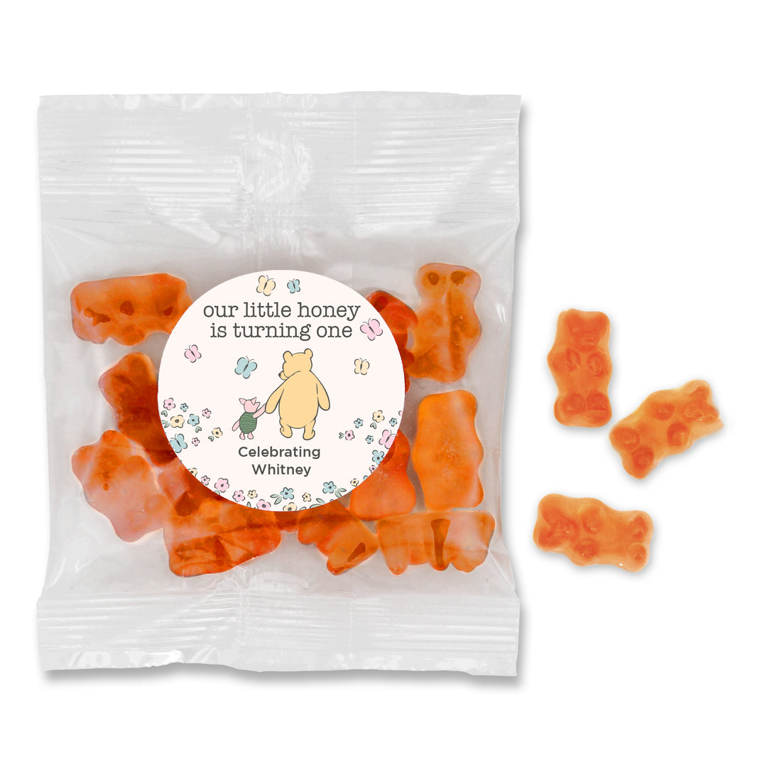 Gummy Bear Party Favors, Our Little Honey is Turning One, Pooh & Piglet Birthday Gummies, Champagne Flavored Gummy Bears