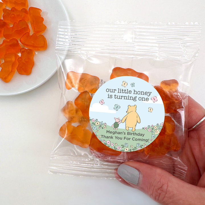 Gummy Bear Party Favors, Our Little Honey is Turning One, Pooh & Piglet Blue Skies Birthday Gummies, Champagne Flavored Gummy Bears