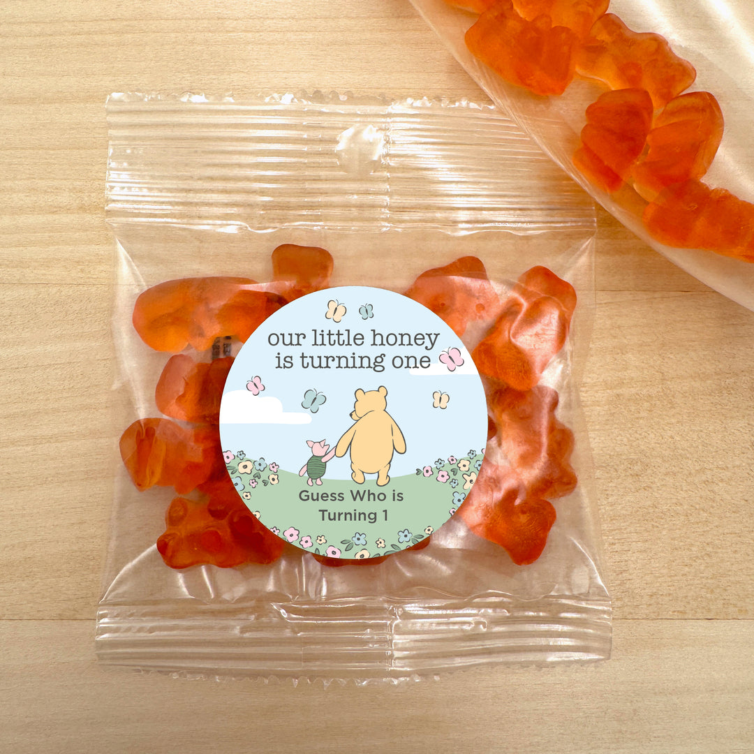 Gummy Bear Party Favors, Our Little Honey is Turning One, Pooh & Piglet Blue Skies Birthday Gummies, Champagne Flavored Gummy Bears
