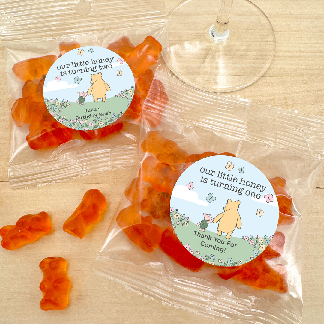 Gummy Bear Party Favors, Our Little Honey is Turning One, Pooh & Piglet Blue Skies Birthday Gummies, Champagne Flavored Gummy Bears
