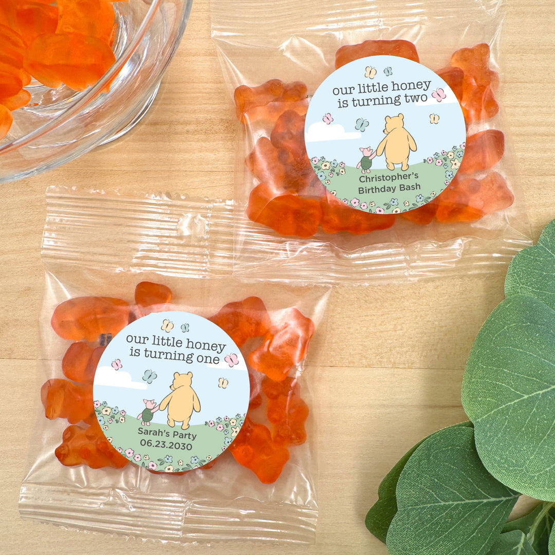 Gummy Bear Party Favors, Our Little Honey is Turning One, Pooh & Piglet Blue Skies Birthday Gummies, Champagne Flavored Gummy Bears