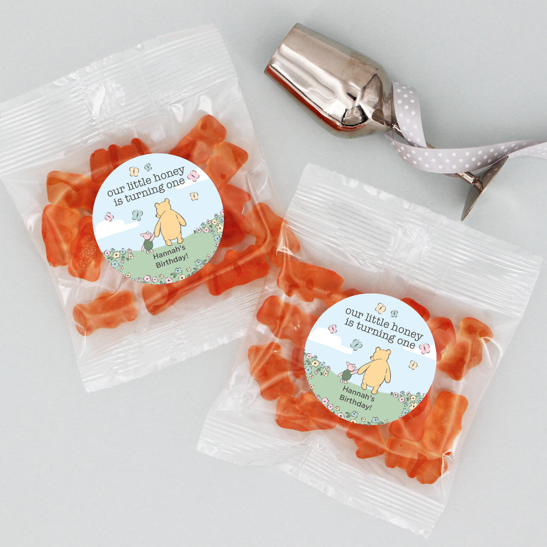 Gummy Bear Party Favors, Our Little Honey is Turning One, Pooh & Piglet Blue Skies Birthday Gummies, Champagne Flavored Gummy Bears