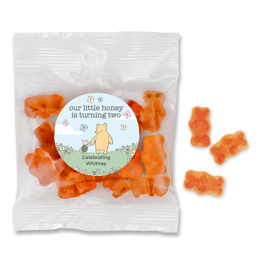 Gummy Bear Party Favors, Our Little Honey is Turning One, Pooh & Piglet Blue Skies Birthday Gummies, Champagne Flavored Gummy Bears