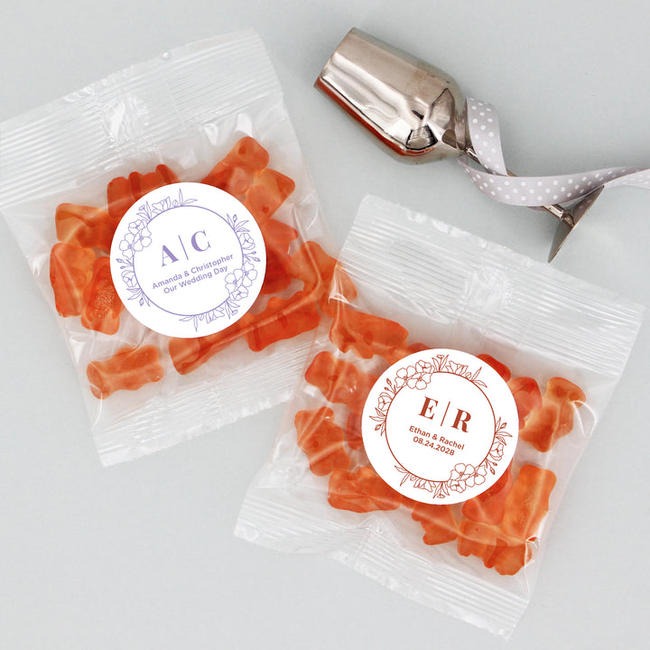 Champagne Gummy Bears Wedding Favors, Floral Line Drawing