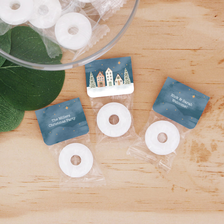 Holiday Party Favors, Personalized Christmas Mints, Watercolor Village