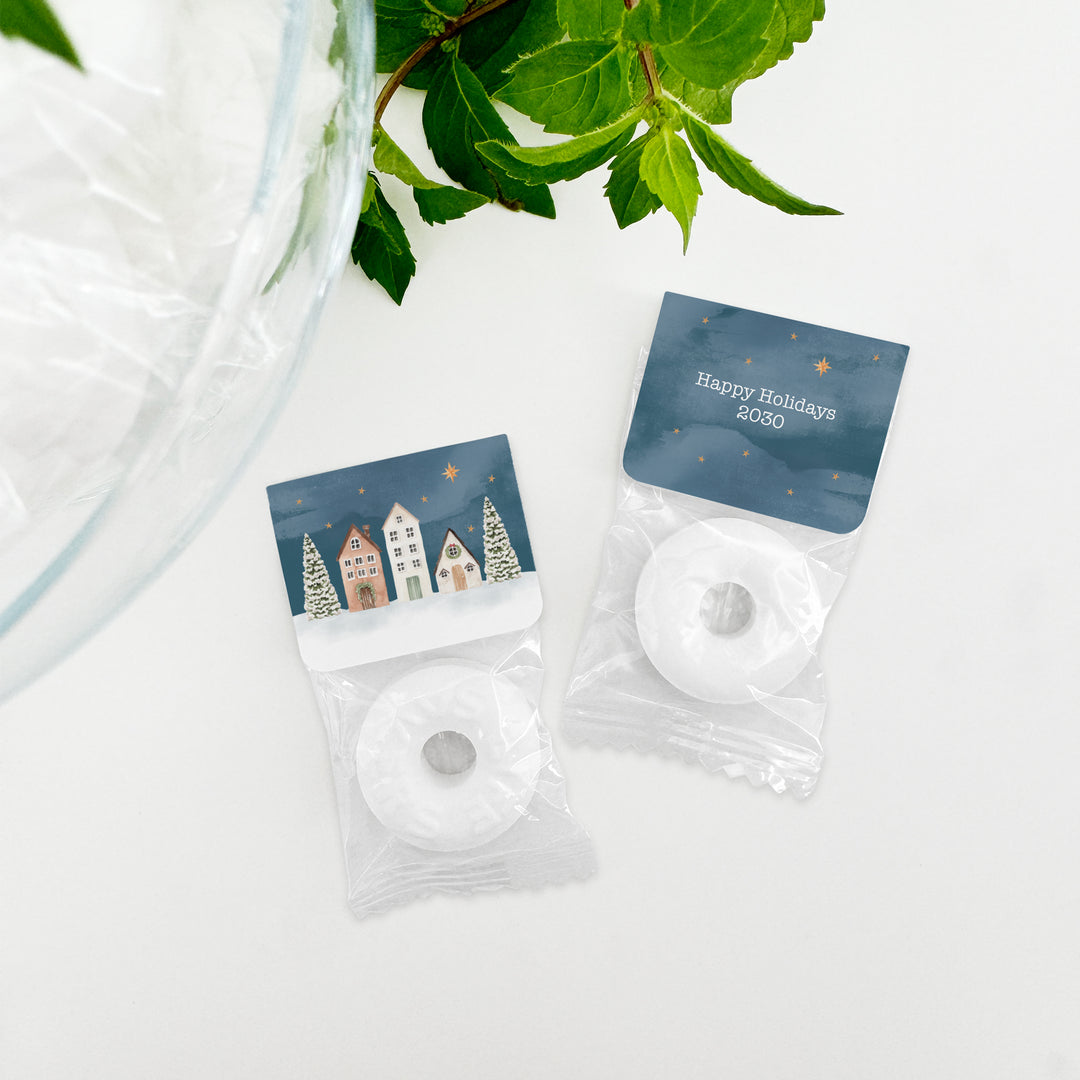 Holiday Party Favors, Personalized Christmas Mints, Watercolor Village