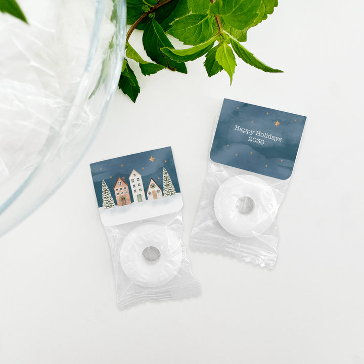 Holiday Party Favors, Personalized Christmas Mints, Watercolor Village